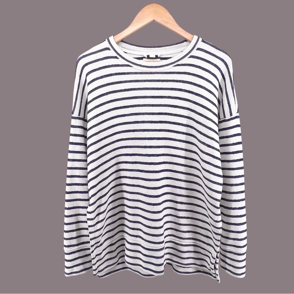 Aerie Terry Knit Oversized Sweater Sz S Striped White Navy Long Sleeve Pullover